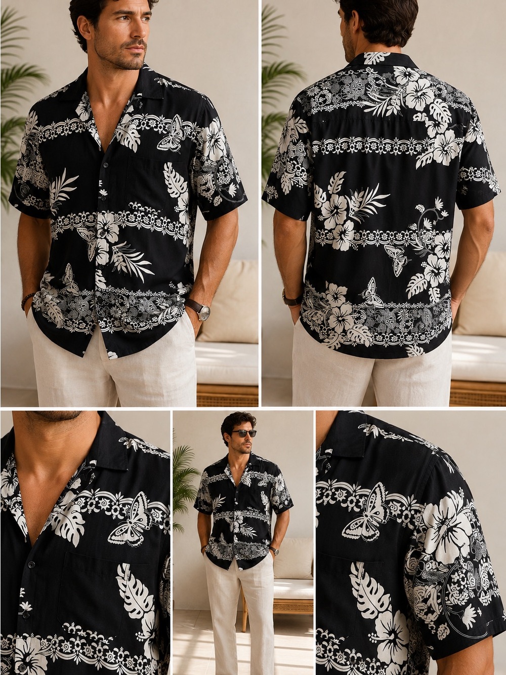 Cabali Hawaiian Button Front Short Sleeve Shirt Men's XL Black White/Black